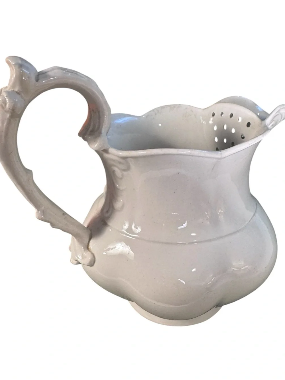 Antique White Ironstone Ice Lip Pitcher Scalloped Ceramic Jug Built-in strainer